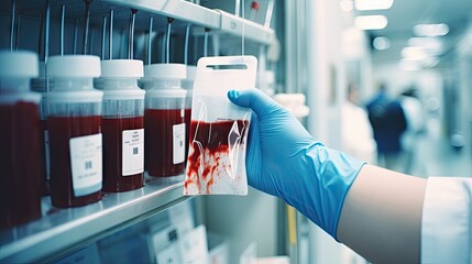 Doctor's hand holding a blood bag in a blood bag analysis laboratory in a hospital blood bank. - obrazy, fototapety, plakaty
