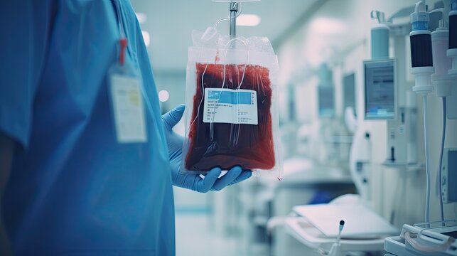 Doctor's hand holding a blood bag in a blood bag analysis laboratory in a hospital blood bank.