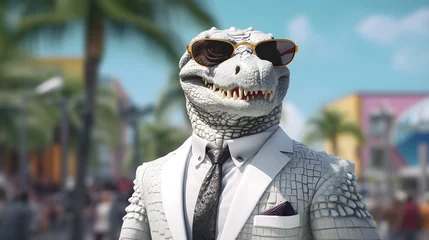 Fototapeten crocodile wearing black brown sunglasses and a white suit with a black tie and white shirt on sea side © Muhammad