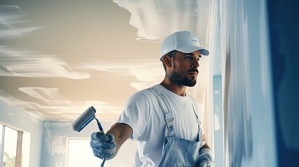 Engineer, construction painter working with paint roller on wall - obrazy, fototapety, plakaty