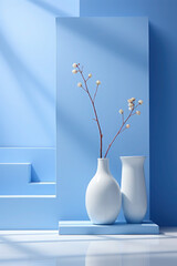 minimalistic texture with vase and flower. white and blue in an abstract interior. matte, pastel background.