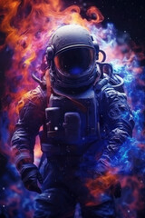 astronaut in a splash of colors. spacesuit in outer space. Illustration. Picture. Painting. bright colors and flames