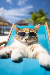 Cat wearing sunglasses relaxing sitting on deckchair in the sea background. summer, vacation on the beach. sunbathe