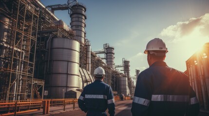 Engineers in uniforms and helmets are behind a small power plant - obrazy, fototapety, plakaty