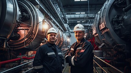 Engineers in uniforms and helmets are behind a small power plant - obrazy, fototapety, plakaty