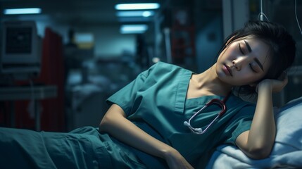 exhausted Asian nurse is sleeping after a long shift