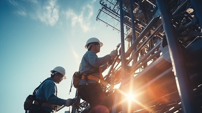 Engineers wear high-end telecom inspection safety equipment to maintain 5G networks.