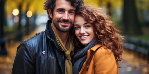 Man giving piggyback ride to girlfriend in autumn park.