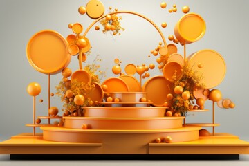 Orange podium surrounded by floating, abstract orbs and spheres in dreamlike, ethereal environment, Generative AI