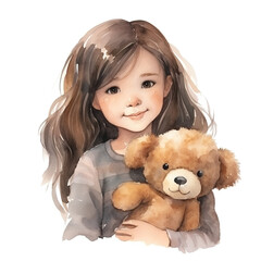 Watercolor illustration of adorable young girl playing with her teddy bear isolated on white background. 