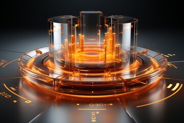 Orange podium with futuristic, tech-inspired abstract background featuring holographic elements and digital displays, Generative AI