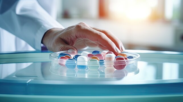 Focus on the image of the doctor's hand. There was colored medicine on the tray dispensed by an antiviral pharmacist