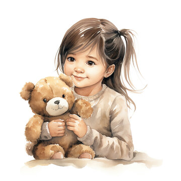 Watercolor illustration of adorable young girl playing with her teddy bear isolated on white background. 