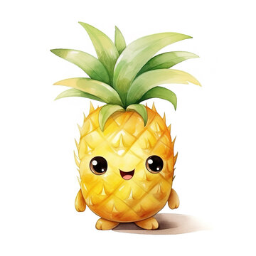adorable pineapple cartoon character, watercolor illustration. 
