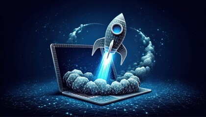 3D Style Rocket Launch from Laptop Screen - obrazy, fototapety, plakaty