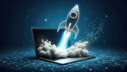 3D Style Rocket Launch from Laptop Screen - obrazy, fototapety, plakaty