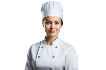 portrait of a gentle female chef in chef's hat and jacket, png isolated on white background