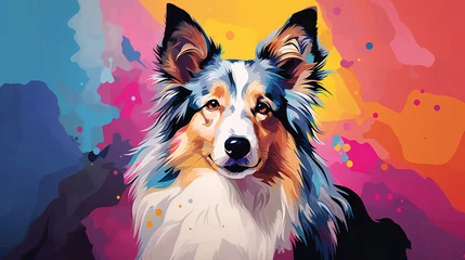 Foto op Canvas Adorable shetland sheepdog dog in pop art style painting, minimal.  © Tepsarit