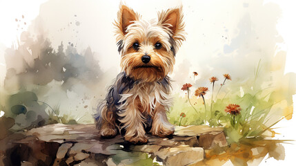 Adorable yorkshire terrier dog watercolor illustration.