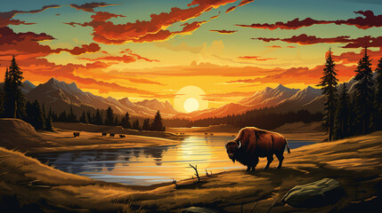 Scenic view of yellowstone national park with bison during sunrise or sunset, in landscape comic style. 