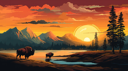 Scenic view of yellowstone national park with bison during sunrise or sunset, in landscape comic style.  - obrazy, fototapety, plakaty