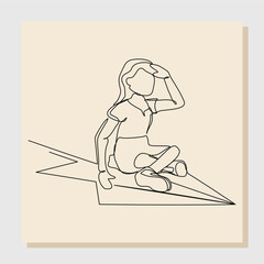 Fototapeta na wymiar Continuous single line drawing of business woman ride paper plane to reach business achievement growth goal successful. Vector illustration one line sketch art concept