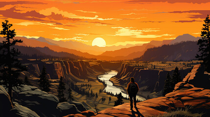 Scenic view of yellowstone national park during sunrise or sunset with a silhouette of trekker or tourist or man, in landscape comic style. 