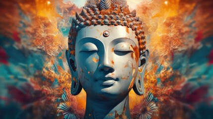 The Buddha's head is full and detailed on a colorful background. digital art collage - obrazy, fototapety, plakaty