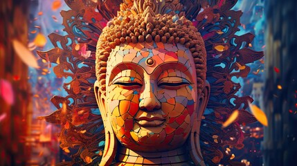 The Buddha's head is full and detailed on a colorful background. digital art collage