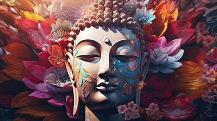 The Buddha's head is full and detailed on a colorful background. digital art collage - obrazy, fototapety, plakaty