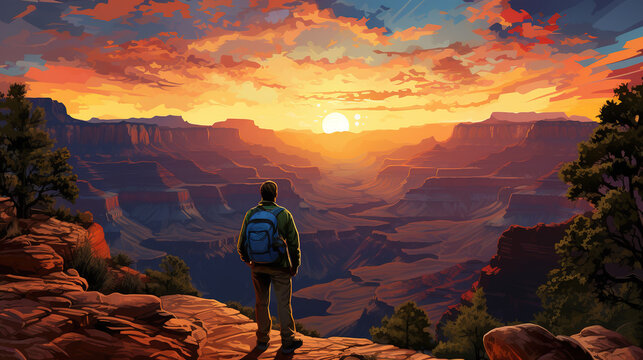 Scenic view of grand canyon national park during sunrise or sunset with a silhouette of trekker or tourist or man, in landscape comic style. 
