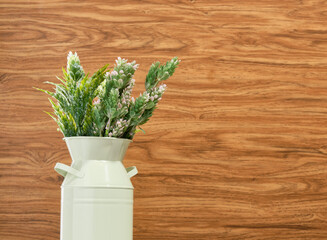Plant green natural composition in a vase on a wooden background. Copy space for text. Gardening concept.