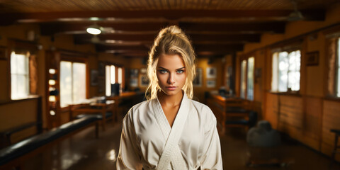 Blonde woman in martial arts uniform performing karate chop in traditional dojo at sunset.