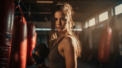 Fototapeta na wymiar Young woman in boxing gloves near an old punching bag, martial arts concept
