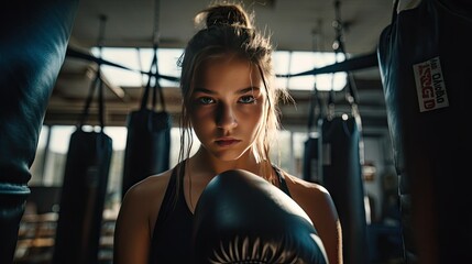 Young woman in boxing gloves near an old punching bag, martial arts concept - obrazy, fototapety, plakaty
