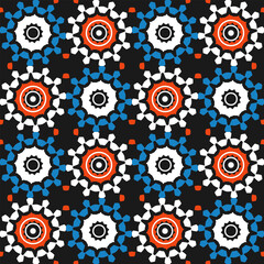 Seamless pattern with blue, orange and white decorative elements on a black background. Vector illustration