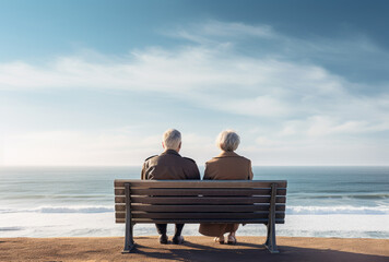 Naklejka na ściany i meble Senior couple sits on a bench and looks at the sea