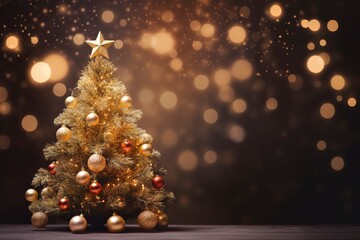 Fototapeta na wymiar Christmas tree with bookeh background and copy space, dark background, generative ai