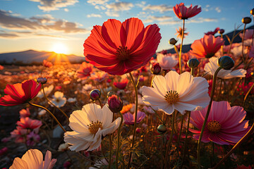 Panoramic meadow with cosmos flowers in sunrise mountains background 