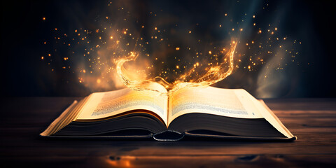 The Bible's Guiding Light Open book with magic firework on wooden table generative Ai