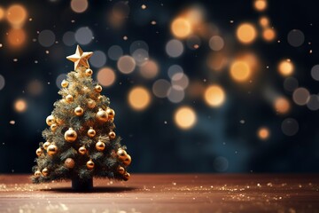 Christmas tree with bookeh background and copy space, dark background, generative ai