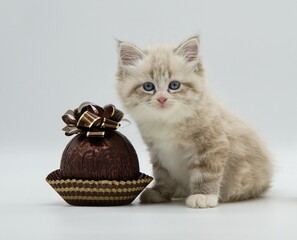 Kitten with white roses and chocolate