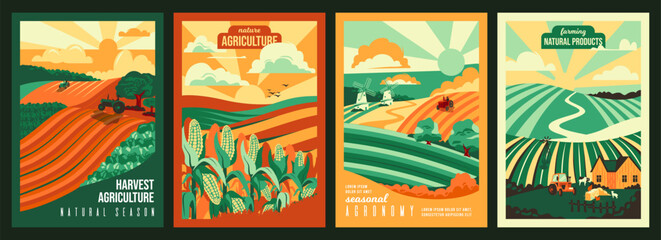 Farming, Agriculture and nature concept. Agricultural fields, farms. Tractor plowing the field and harvesting the crop. Set of vector illustrations for poster, background or book cover © 100% HAND-CRAFTED