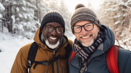 Fototapeta premium copy space, stockphoto, Active middle aged interracial gay couple hiking outdoors, winter season. Black man and Caucasian man, gay couple. Healthy lifestyle, hiking during autumn season in the forest.