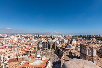 Fototapeta na wymiar The view over the city of Valencia from the Miguelete: The bell tower called Micalet. 360 degree view of the city. You can enjoy a panoramic view by climbing 207 steps.