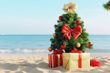 Christmas tree and golden gift on the beach