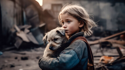 anguished child holding a dog, hopeless and alone - obrazy, fototapety, plakaty