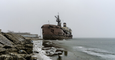 Fototapeta premium old ship ran aground in Ukraine