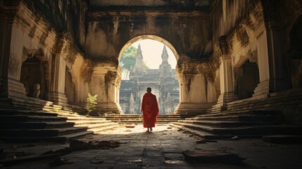 Monks and novices in an old temple in Thailand