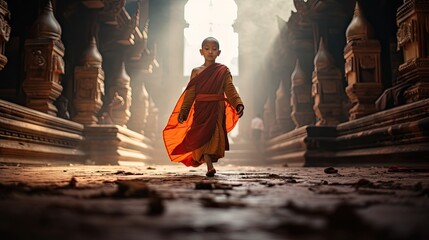 Monks and novices in an old temple in Thailand